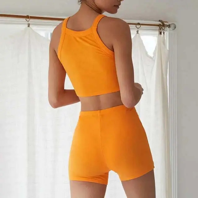 Wholesale 2 piece set women summer sets 2023 custom ladies ribbed crop tank top shirt and pants