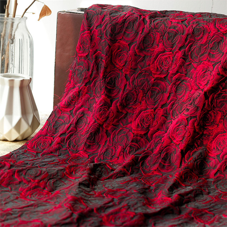 Embossed Dark Red Three-dimensional Rose Black Base Yarn-dyed Jacquard Fabric wallpaper