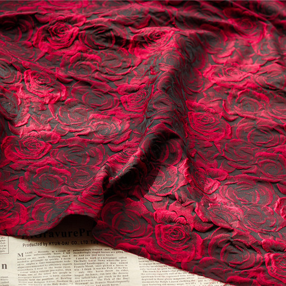 Embossed Dark Red Three-dimensional Rose Black Base Yarn-dyed Jacquard Fabric wallpaper