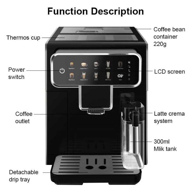 1350W Touch ScreenHousehold Fully Automatic Espresso Coffee Making Machine With Grinder