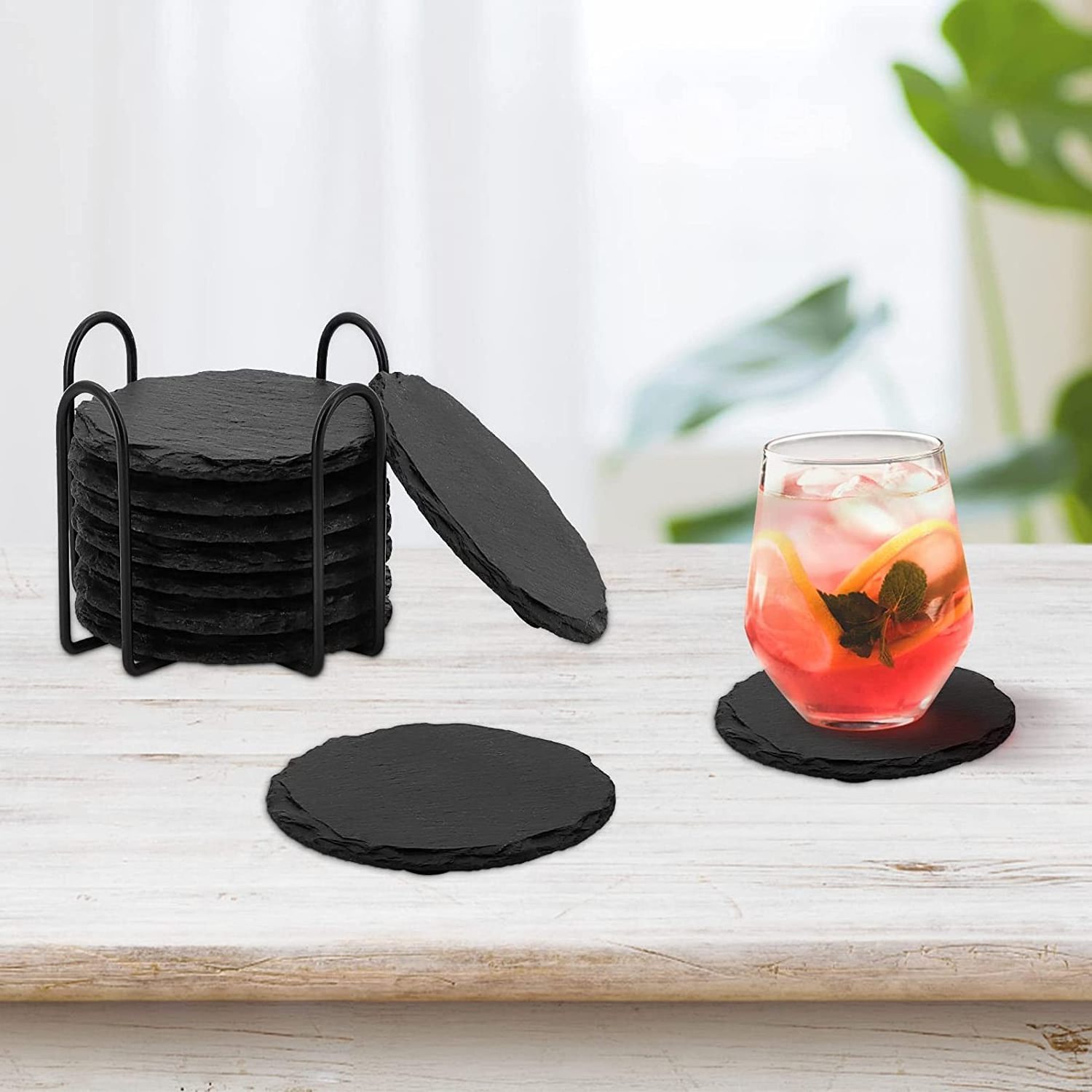 Wholesale Black Non-Slip Engraving Drink Slate Stone Bulk Coasters Set Round Blank Gift Box With Holder for drink