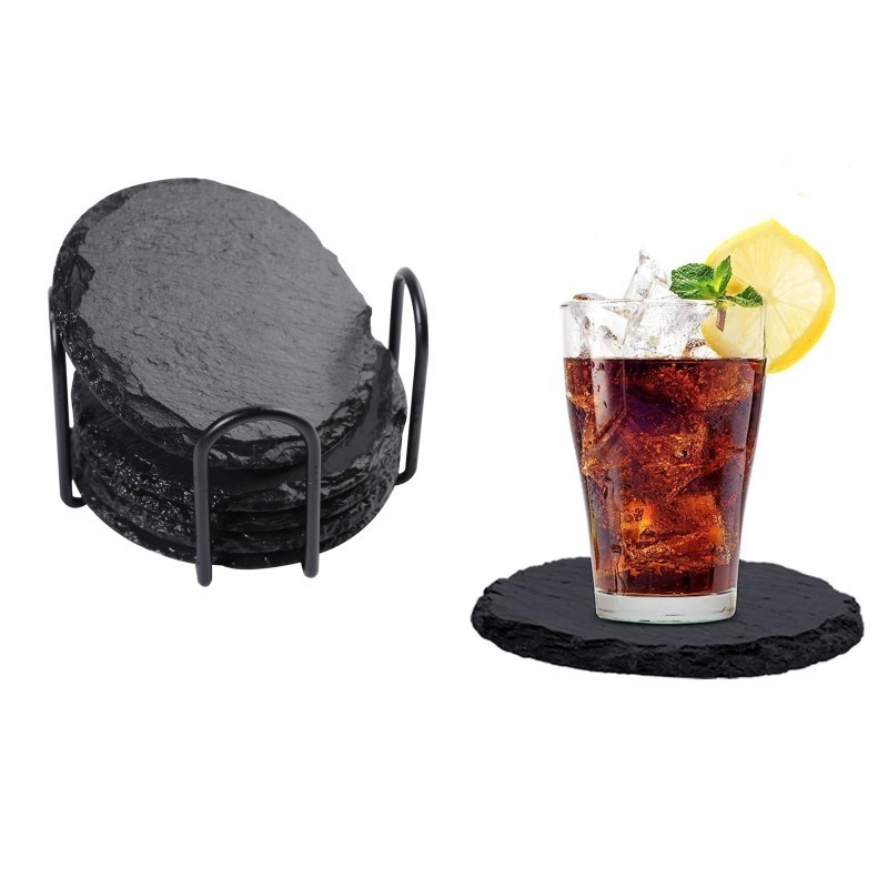 Wholesale Black Non-Slip Engraving Drink Slate Stone Bulk Coasters Set Round Blank Gift Box With Holder for drink