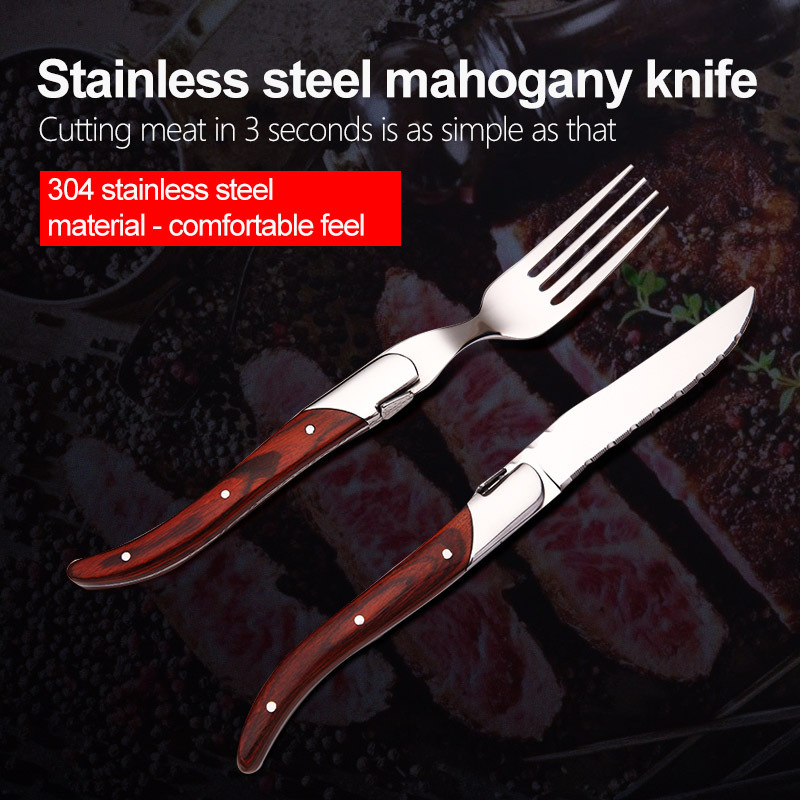 Stainless Steel Silverware Flatware with Wooden Handle, Restaurant Steak Knife Fork Spoon Cutlery Set