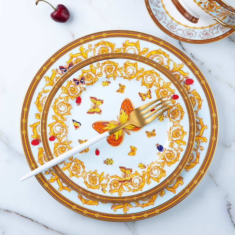 Wholesale Butterfly Design Ceramic Dining Dishes Set Luxury Tableware Fine Bone China Cheese Plates Dinner Set With Gold Rim