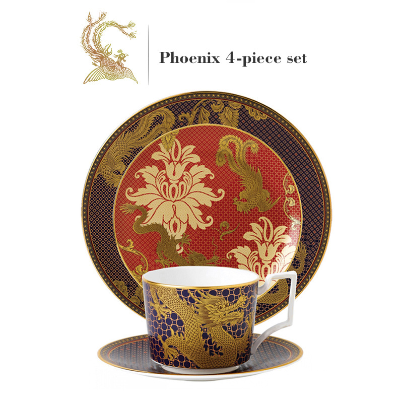 Custom Design Chinese Dragon And Phoenix Cups And Saucers Tableware Luxury European Style Ceramic Dinner Plate Dinnerware Set