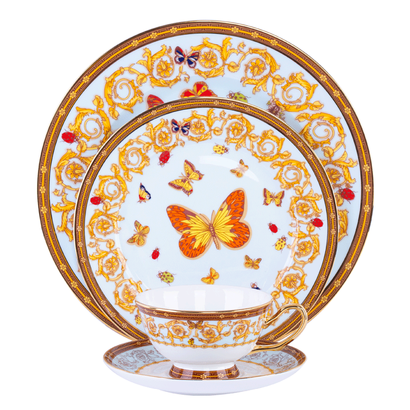 Wholesale Butterfly Design Ceramic Dining Dishes Set Luxury Tableware Fine Bone China Cheese Plates Dinner Set With Gold Rim