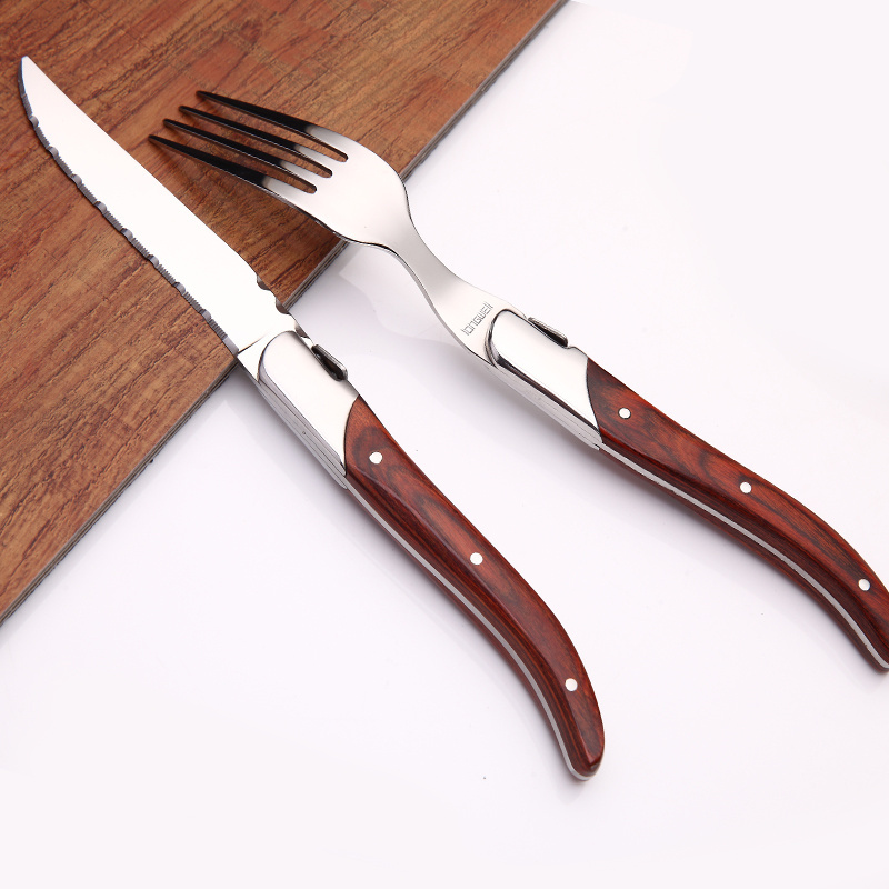 Stainless Steel Silverware Flatware with Wooden Handle, Restaurant Steak Knife Fork Spoon Cutlery Set