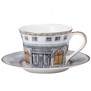 Luxury Grey Castle Coffee Mug Hand Paint Gold Rim Cup Kits Bone China Espresso Cup Saucer Phnom Penh Cup And Dish Plate Set