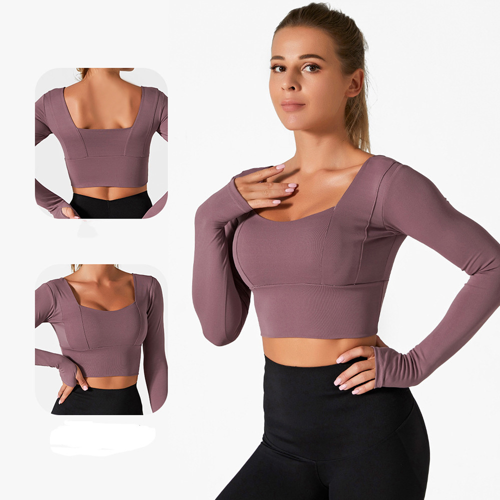 OEM Women's Activewear Solid Removable Chest Pad Fitting Yoga Sports Top Long Sleeve and Thumb Hole Cropped Top with Square Neck