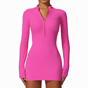 Premium Women Tennis Dress Zipper Nude Long Sleeve Bodycon Tracksuit Bodycon Dresses Running Fitness Golf Badminton Tracksuits