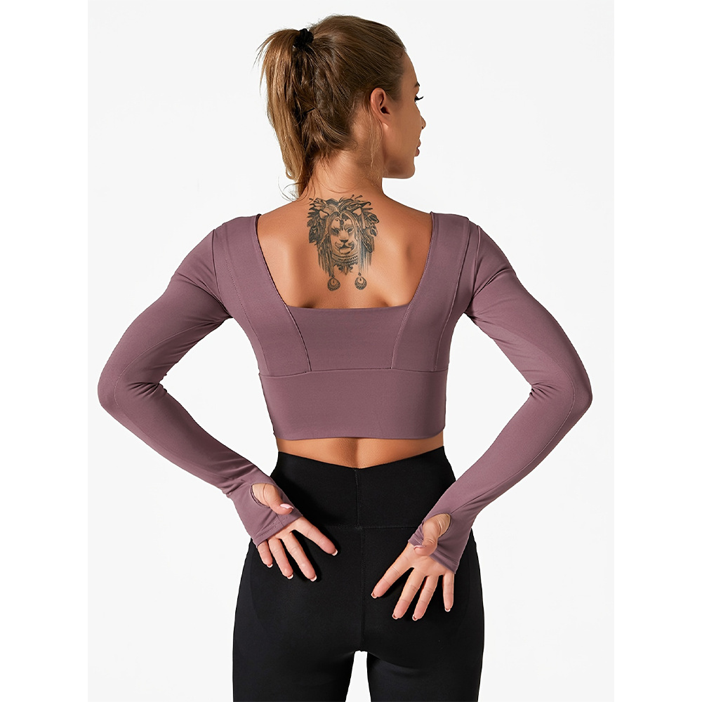 OEM Women's Activewear Solid Removable Chest Pad Fitting Yoga Sports Top Long Sleeve and Thumb Hole Cropped Top with Square Neck