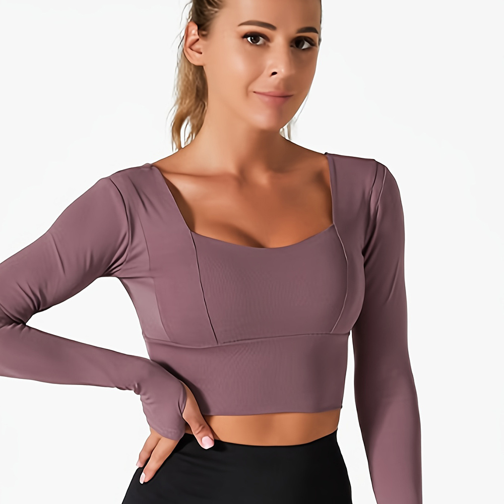 OEM Women's Activewear Solid Removable Chest Pad Fitting Yoga Sports Top Long Sleeve and Thumb Hole Cropped Top with Square Neck