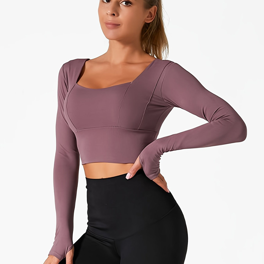 OEM Women's Activewear Solid Removable Chest Pad Fitting Yoga Sports Top Long Sleeve and Thumb Hole Cropped Top with Square Neck