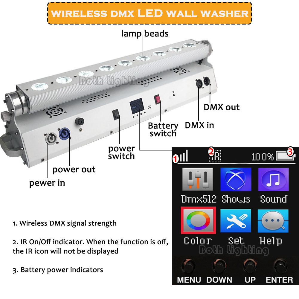 uplight wash light led battery bar light 9x18w 6in1 RGBWA UV led battery powered wireless dmx wall washer uplight