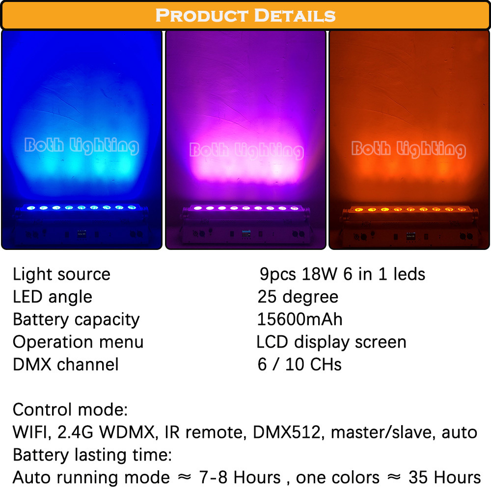 uplight wash light led battery bar light 9x18w 6in1 RGBWA UV led battery powered wireless dmx wall washer uplight