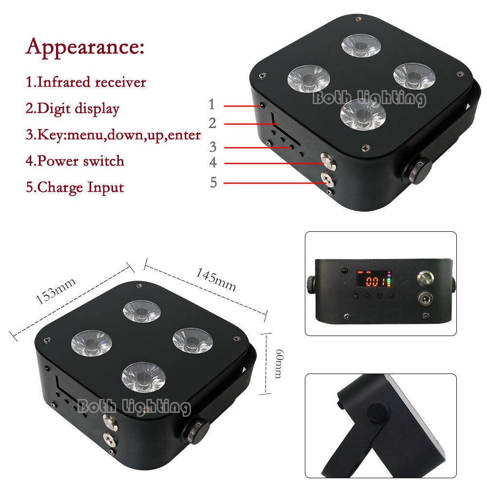 Bothlighting IR4 Mini Uplights 4X12W Battery Spotlight 4 LEDs Wireless DMX&IR Remote Uplights Disco Club Party Stage Uplight