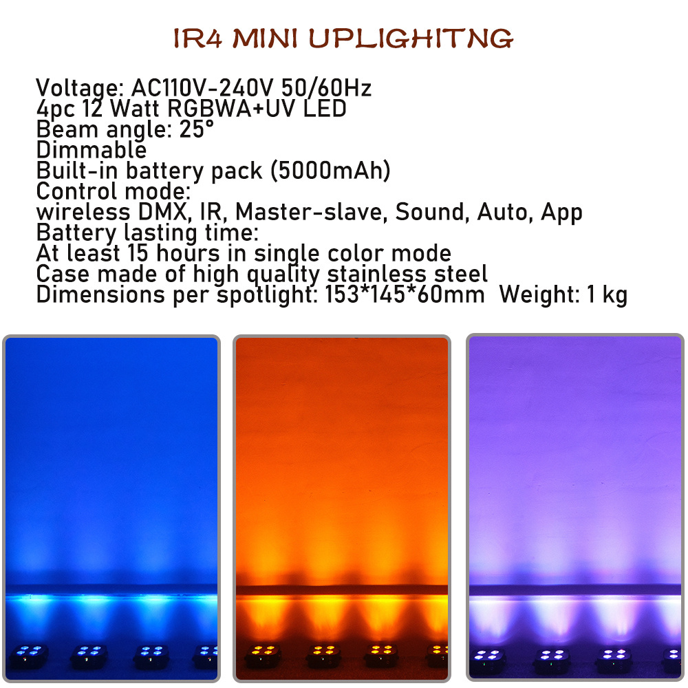 Mini Battery Wireless Uplights par 4x12w RGBWAUV 6in1 DJ light IR Remote Wifi DMX Control Led Par Lights For Stage Party Show