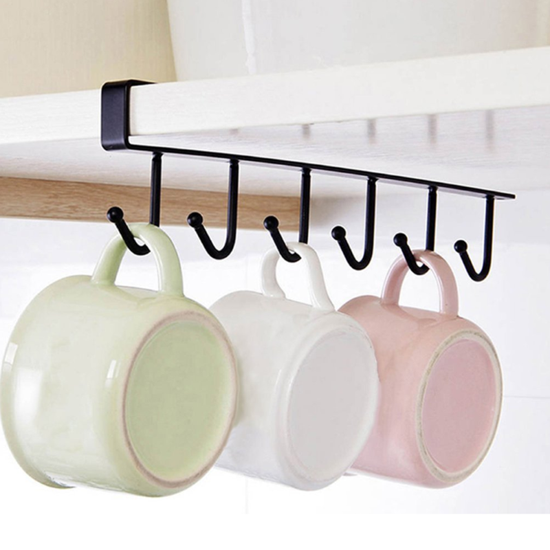 Iron 6 Hooks Storage Shelf Wardrobe Cabinet Metal Under Shelves Mug Cup Hanger Bathroom Kitchen Organizer Rack