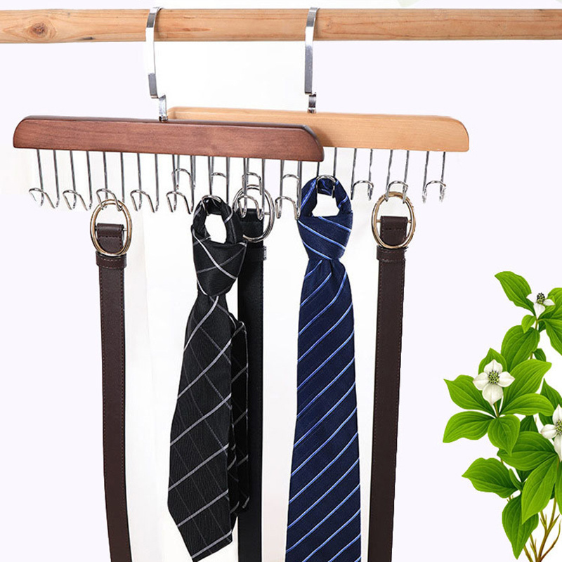 Multi-function Space Saving Wooden Belt Hangers Ties Organizer Wooden Rotating Tie Hanger