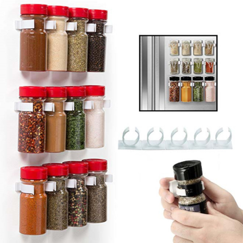 Spice Bottle Rack Kitchen Storage Wall Mount Jar Holder Tool Ingredient Plastic Adhesive Clip Cabinet Organizer Door Hooks