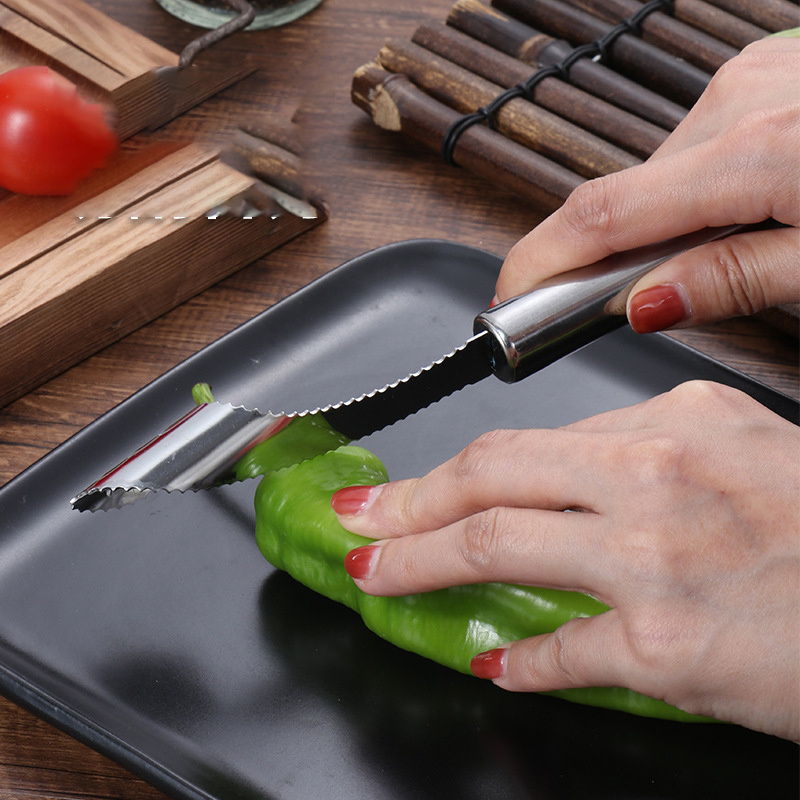 Stainless Steel Pepper Corer Silver Serrated Seed Remover Slicers Cutter Portable Kitchen Gadget Tools