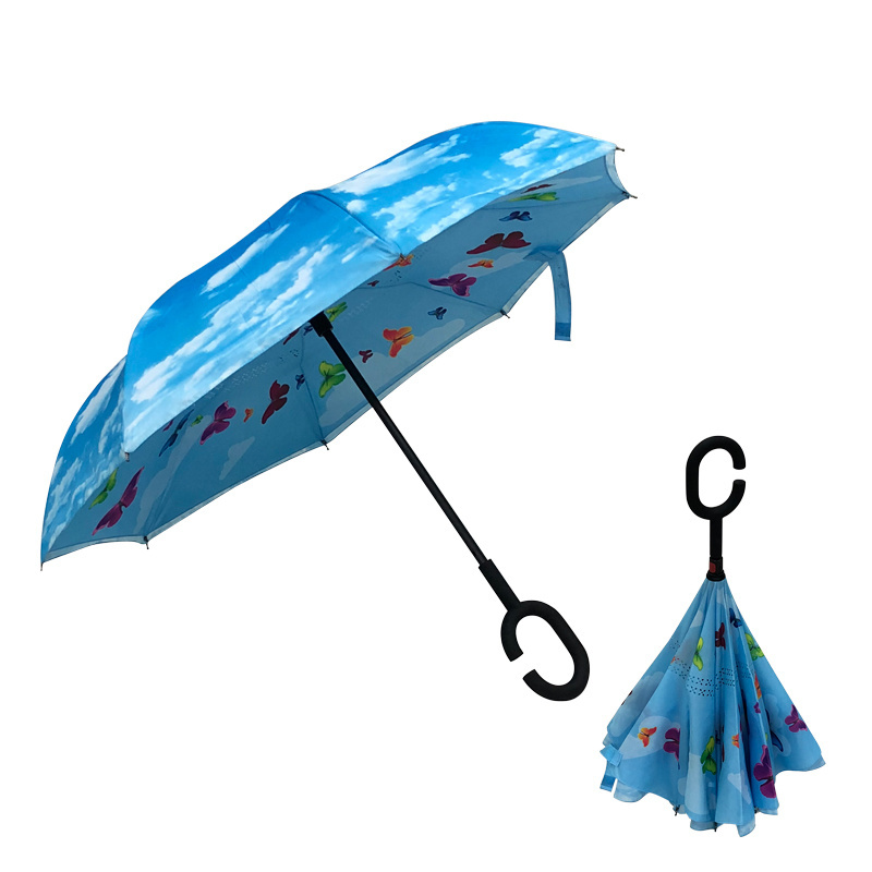 New Creative Custom Printing Hook C Handle Reverse Umbrella Double Layer Magic Windproof Fiberglass Car Inverted Umbrella