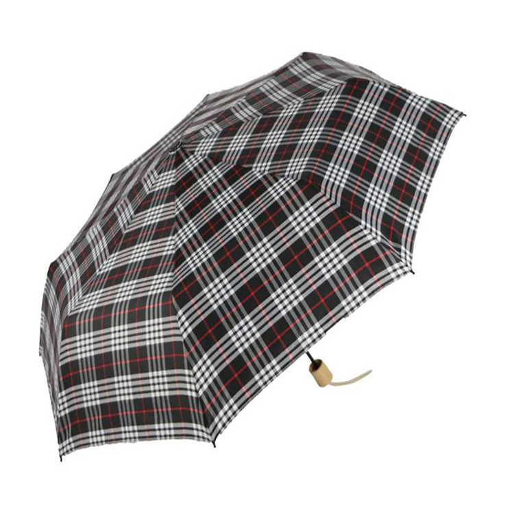 High Quality Supplier Elegant Practical Manual Steel Woman and Man Wooden Handle 3 Folding Umbrella For Rain