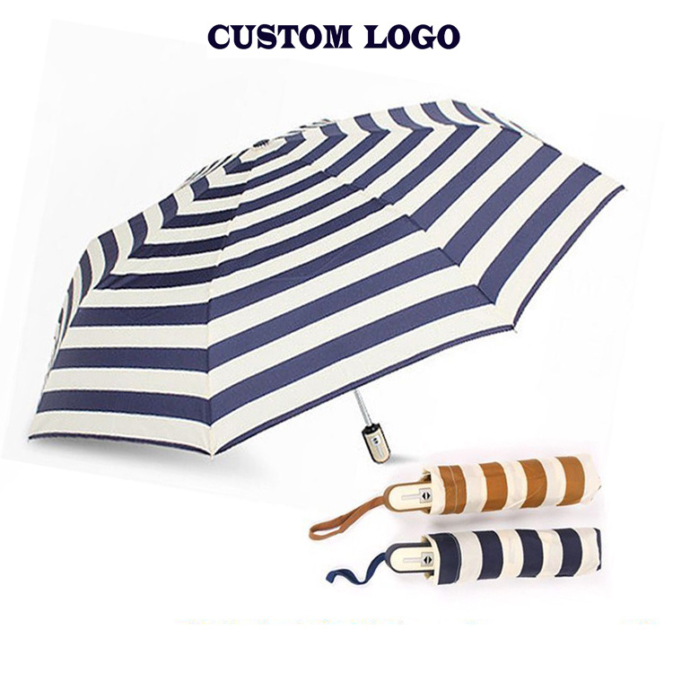 Stripe White Blue White Yellow Design Auto Open 3 Folding Umbrella