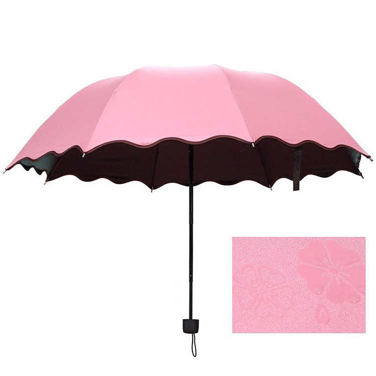 Color Changing Magic Flower Printing When Wetting Black UV Coating Sun Folding Umbrella For Women