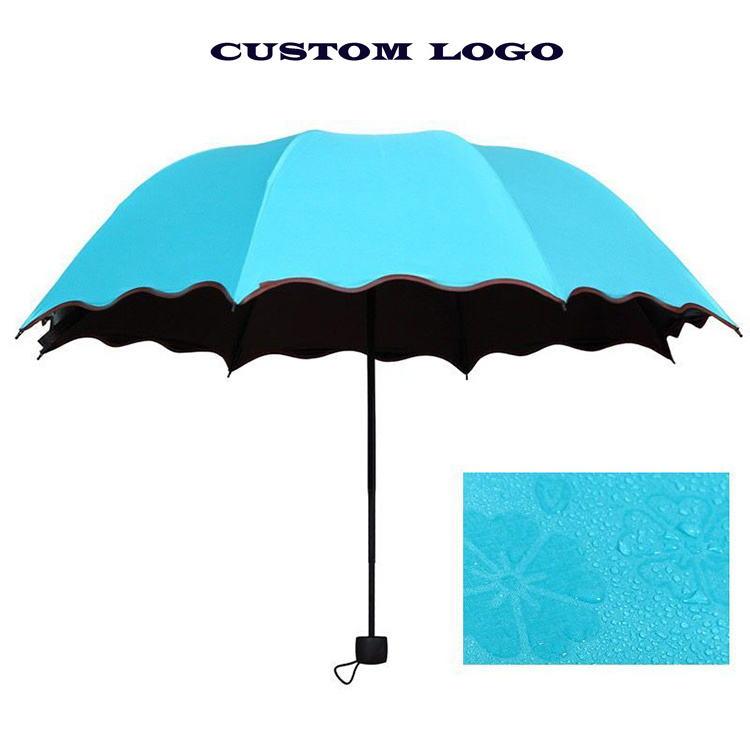 Color Changing Magic Flower Printing When Wetting Black UV Coating Sun Folding Umbrella For Women