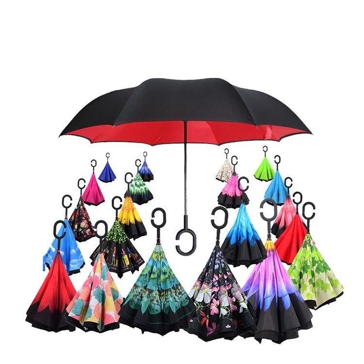 Hands Free C Handle Double Layer Upside Down Reversible Inversion Reverse Inverted Umbrella Reversible Umbrella with C Handle