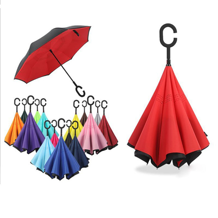 Hands Free C Handle Double Layer Upside Down Reversible Inversion Reverse Inverted Umbrella Reversible Umbrella with C Handle