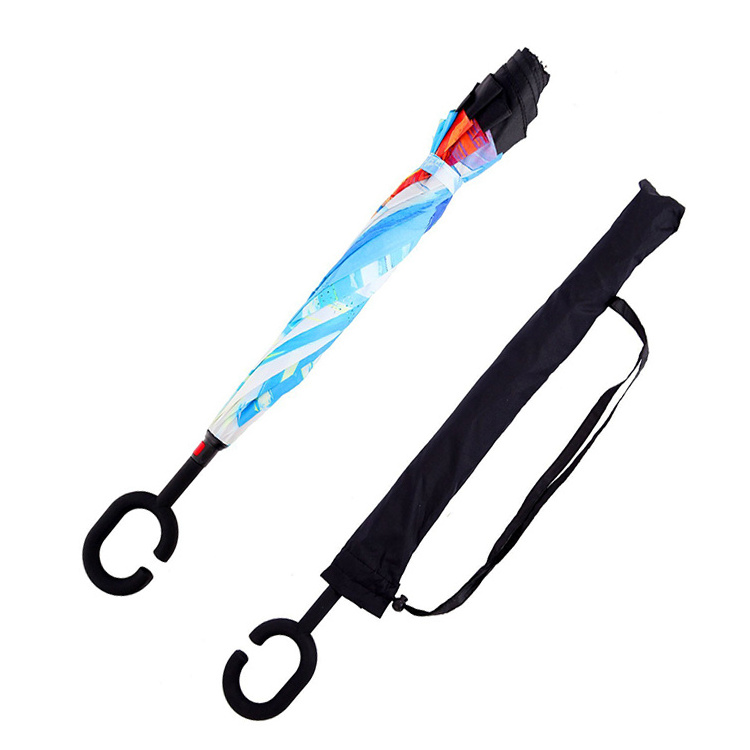 Hands Free C Handle Double Layer Upside Down Reversible Inversion Reverse Inverted Umbrella Reversible Umbrella with C Handle