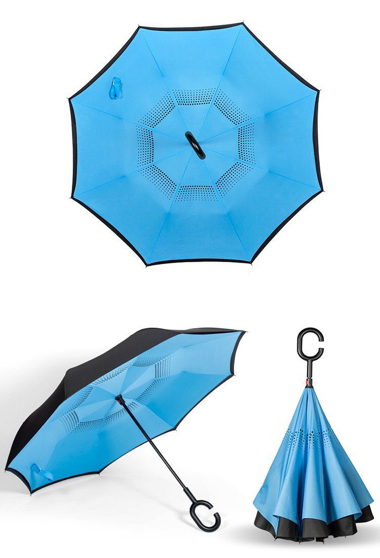 Hands Free C Handle Double Layer Upside Down Reversible Inversion Reverse Inverted Umbrella Reversible Umbrella with C Handle