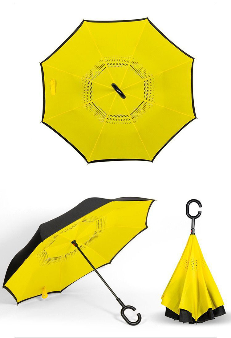 Hands Free C Handle Double Layer Upside Down Reversible Inversion Reverse Inverted Umbrella Reversible Umbrella with C Handle