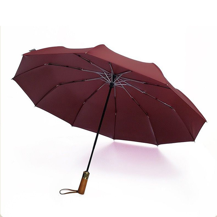 Factory RPET Sunshade Automatic Windproof Customized 10K Wooden Handle Paraguas Compact Rain Outdoor 3 Folding Umbrella