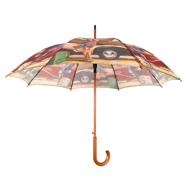 Wholesale Custom Logo Printed Promotion Gift Wooden Handle Auto Open Straight Stick Umbrella For Sale