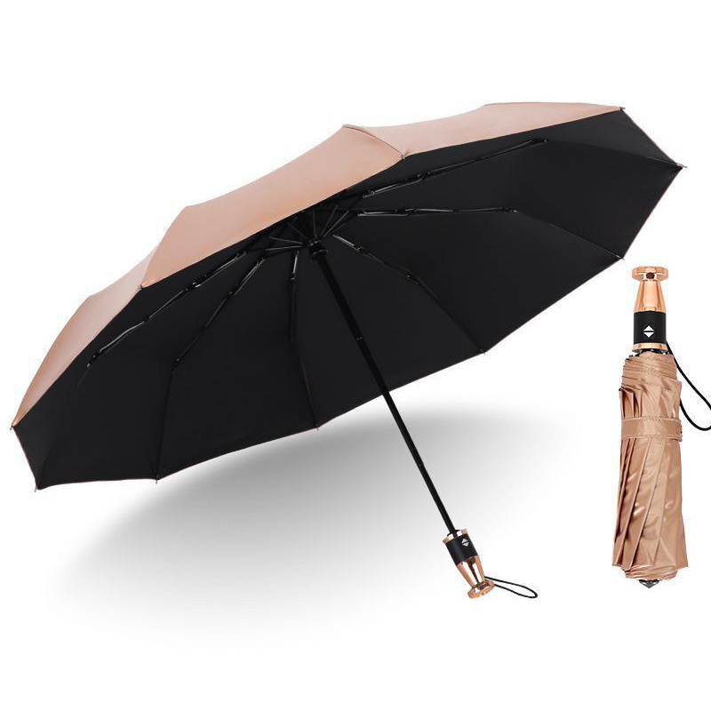 Titanium Silver Coating Uv Windproof Advertising Umbrella Customization Automatic Folding Umbrella With Golden Handle