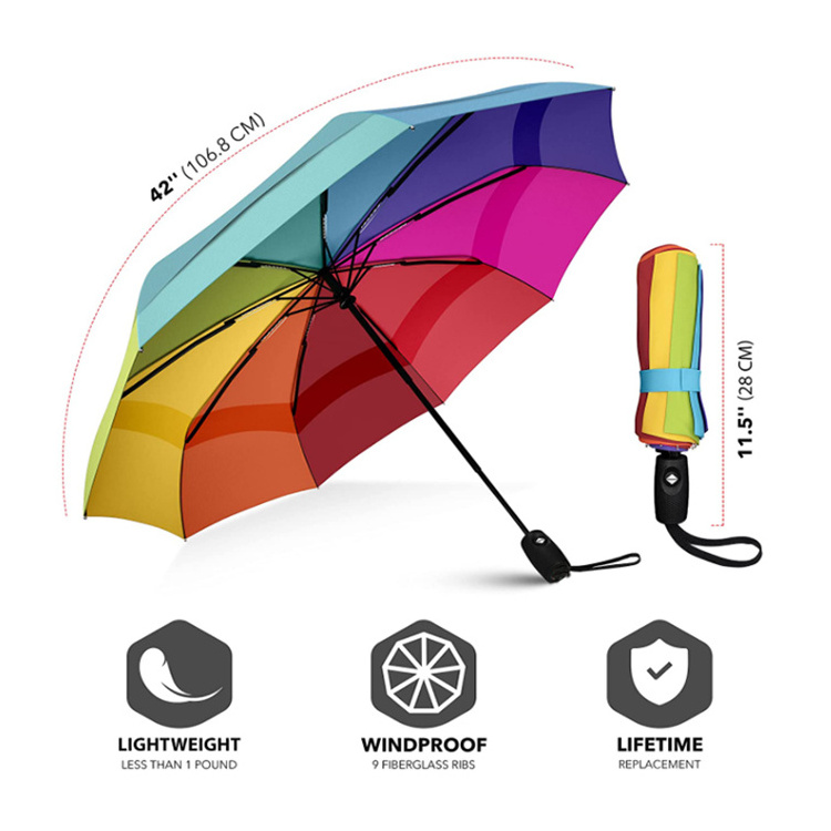 Factory Direct Sales Customized Windproof Two Layers Fiber Glasses Ribs Head Colorful Small Foldable Rainbow Umbrella