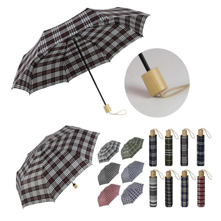 High Quality Supplier Elegant Practical Manual Steel Woman and Man Wooden Handle 3 Folding Umbrella For Rain