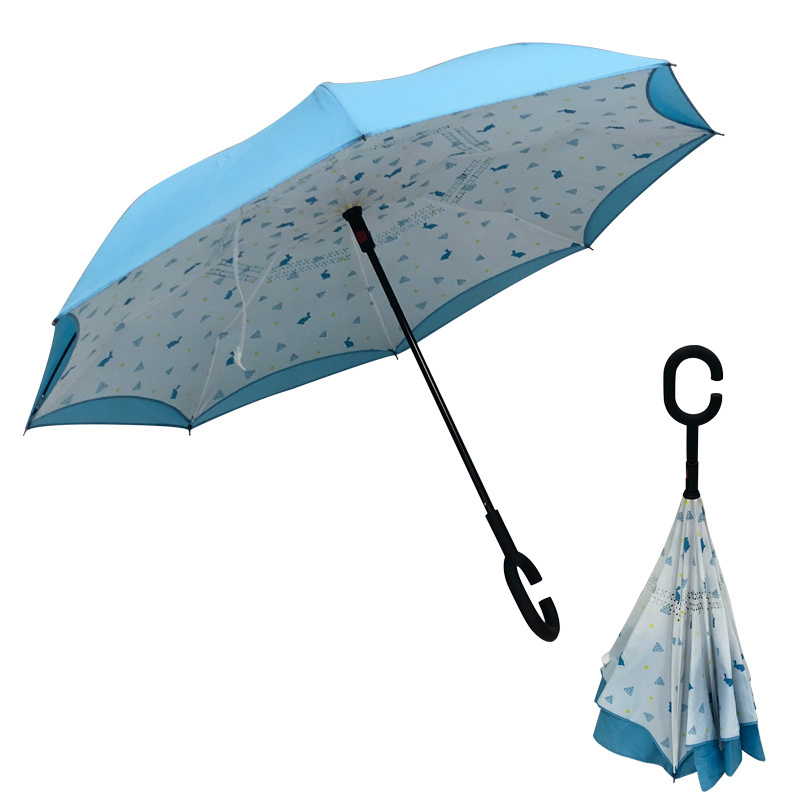 New Creative Custom Printing Hook C Handle Reverse Umbrella Double Layer Magic Windproof Fiberglass Car Inverted Umbrella