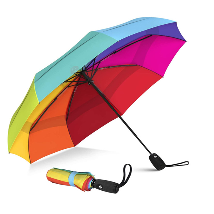 Factory Direct Sales Customized Windproof Two Layers Fiber Glasses Ribs Head Colorful Small Foldable Rainbow Umbrella