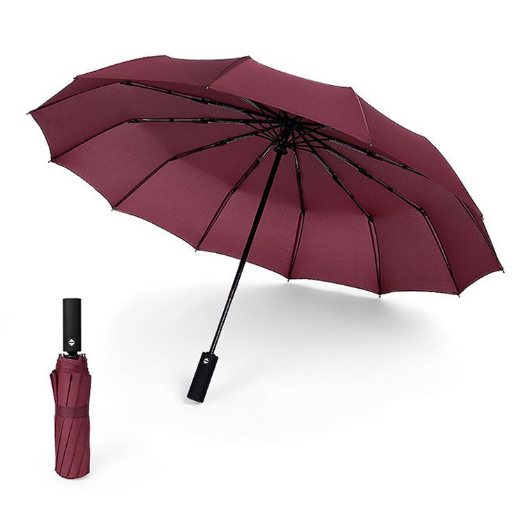 High Quality WindProof Pongee Rain Travel 3 Folding 12K Auto Open Auto Close Big Folding Uv Umbrella With Logo