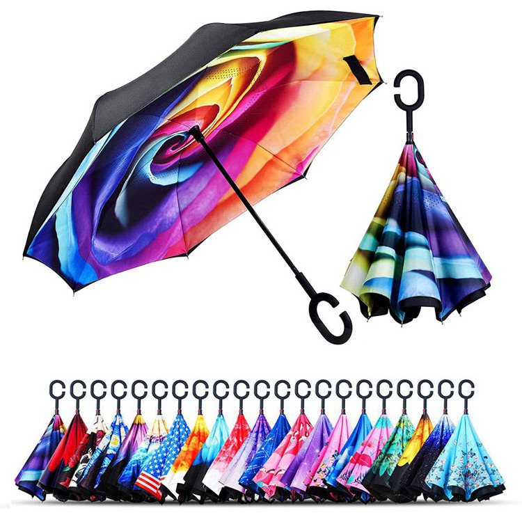 Double Layer Windproof Advertising Umbrella No Drip Inverted Umbrella With C Handle Car Umbrella Automatic Open