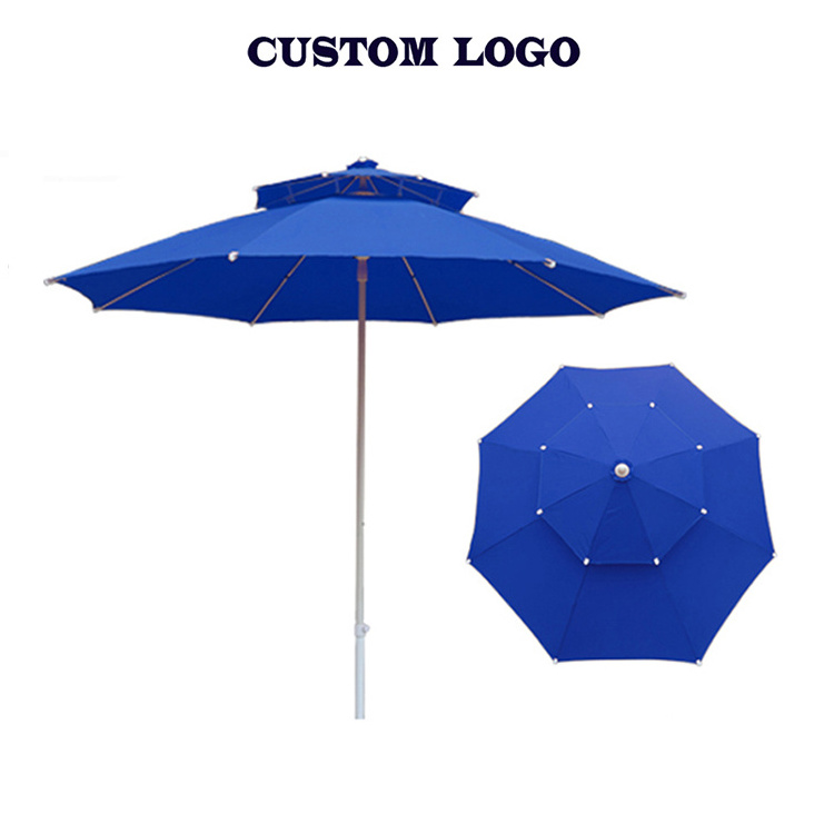 Custom Logo Windproof Double Canopy Fiberglass Ribs Waterproof Beach Outdoor Umbrellas