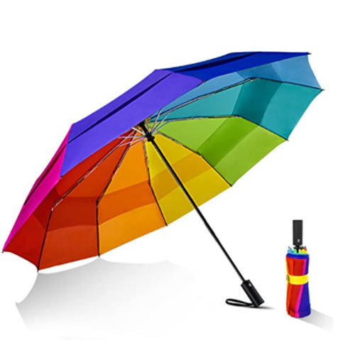 Factory Direct Sales Customized Windproof Two Layers Fiber Glasses Ribs Head Colorful Small Foldable Rainbow Umbrella