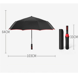 High Quality 27" Inch Auto Open Al Shaft Custom Logo Print Black Red Edge Handle 3 Folding Umbrella For Rain