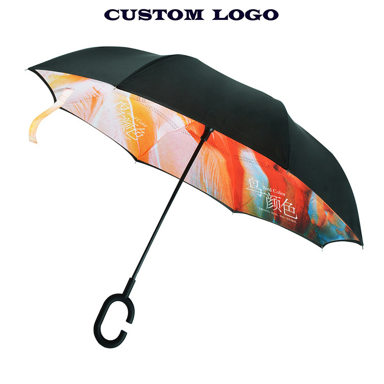 Double Layer Windproof Advertising Umbrella No Drip Inverted Umbrella With C Handle Car Umbrella Automatic Open