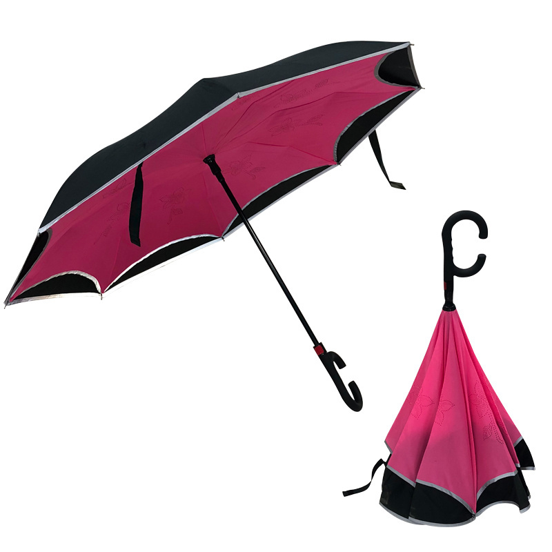 New Creative Custom Printing Hook C Handle Reverse Umbrella Double Layer Magic Windproof Fiberglass Car Inverted Umbrella