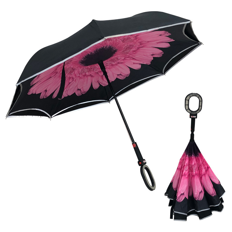 New Creative Custom Printing Hook C Handle Reverse Umbrella Double Layer Magic Windproof Fiberglass Car Inverted Umbrella